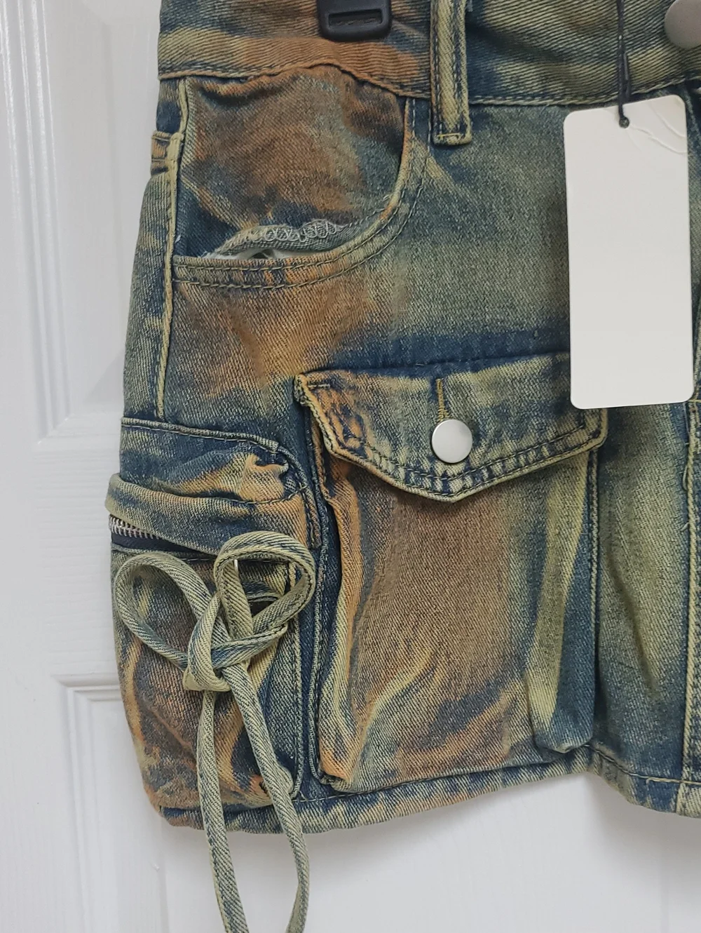 Kollyy Distressed Cargo Denim Mini Skirt